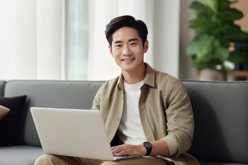 Portrait of Young Asian Man with Laptop in Living Room, Handsome Businessman Work From Home, Happy Male Enjoy a Free Day, Online Shopping and Watching Movies