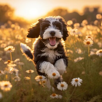 A photorealistic image of a Portuguese Water Dog puppy running through a field of wildflowers in the golden hour