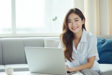 Portrait of Young Asian Woman with Laptop in Living Room, Beautiful Businesswoman Work From Home, Happy Female Enjoy a Free Day, Online Shopping and Watching Movies