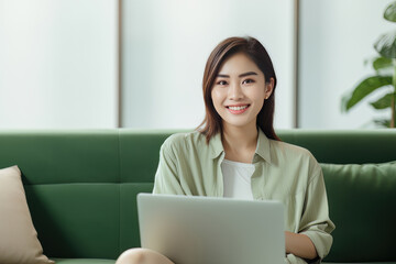 Portrait of Young Asian Woman with Laptop in Living Room, Beautiful Businesswoman Work From Home, Happy Female Enjoy a Free Day, Online Shopping and Watching Movies