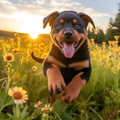 A photorealistic image of a Rottweiler puppy running through a field of wildflowers in the golden hour