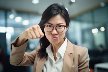 Fototapeta premium Asian Businesswoman Showing a Fighting Pose, Beautiful Manager Gestures Raising Fists in Modern Office, Female Entrepreneur Fights a Problem, Celebrate Success and Achieving Goals