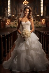 Naklejka premium happy bride in white dress standing alone in a church aisle (Generative AI)