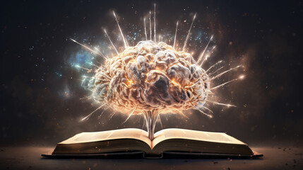 Concept of human brain exploding with knowledge and creativity while reading book - obrazy, fototapety, plakaty