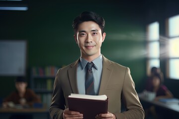 Portrait of Happy Asian Male Teacher with a Book in School, Young Man Tutor Smiling and Looking at the Camera