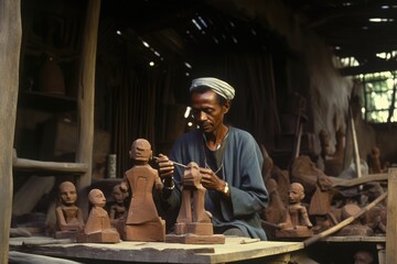 Talented African Artisan Crafting Wooden Statue