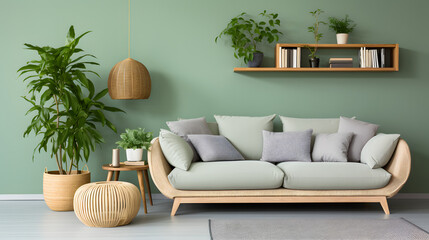 Rattan sofa with light green cushions, wicker basket and big plants against green wall with shelf. Scandinavian interior design of modern living room
