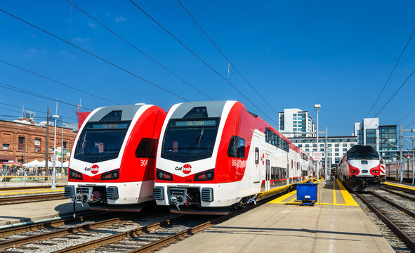 New Stadler electric trains at San Francisco 4th Street Station for the Caltrain Electrification Project