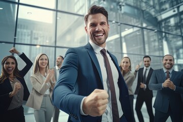 Fototapeta premium Confident Businessman Showing a Fighting Pose, Handsome Manager Gestures Raising Fists in Modern Office, Male Entrepreneur Fights a Problem