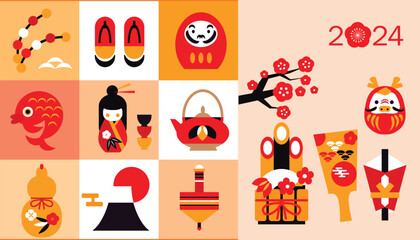 Happy Chinese, Japanese  New Year 2024,  Zodiac sign, lucky charms, clay bell, year of the  Dragon Japanesee translation: 