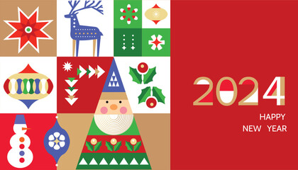 Merry Christmas and Happy New Year holiday template design banner, poster, card, cover in geometric minimalist style Santa, ball toy, christmas tree, snowflake   Modern Xmas flat cartoon cute vector i