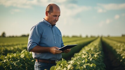 Naklejka na ściany i meble Portrait of Male Farmer Using Tablet in the Farm, Observes and Check Growth Plants, Agriculture Smart Farming Concept