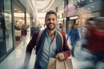 Fototapeta na wymiar Portrait of Happy Male Goes to Shopping in Modern Clothing Store, Handsome Man Walking in Shopping Mall Surrounded By Blurred People.