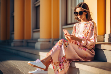 beautiful young woman wearing sunglasses and bright dress, white sneakers sitting on a bench on the street at sunny day with smartphone