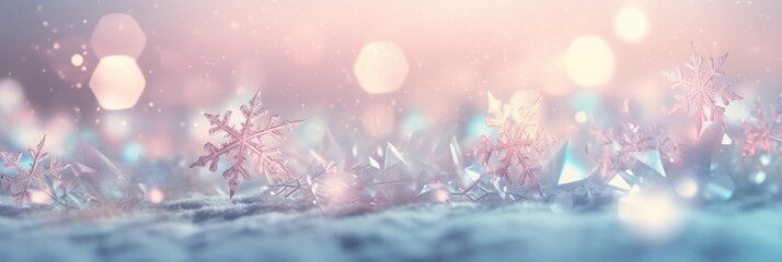 Fototapeta na wymiar Sparkling snowflake winter background. Detailed dancing ice crystals at Christmas in pastel glowing colors. Snowy landscape closeup.