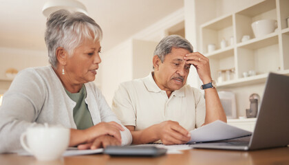 Debt, finance stress and senior couple with tech, bills and budget at computer with paperwork. Anxiety, banking problem and savings planning for pension and retirement in a home with web tax notes