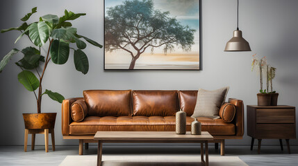 Fototapeta premium Minimalist style home interior design of modern living room. Shabby leather sofa near white wall with art poster