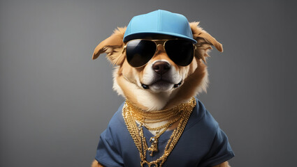 Funny dog posing as hip hop or rap superstar - baseball cap, dark sunglasses, golden chain. Wide banner with copy space on side. Wide banner with copy space on side. Generative AI - obrazy, fototapety, plakaty