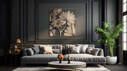 Modern art deco interior design of apartment, living room with gray sofa over the dark wall. Striped accent coffee table. Home interior with rug - obrazy, fototapety, plakaty