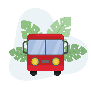 Bus flat design vector Illustration Icon decorated with leaves for web use for transportation, service, bus stop, road.