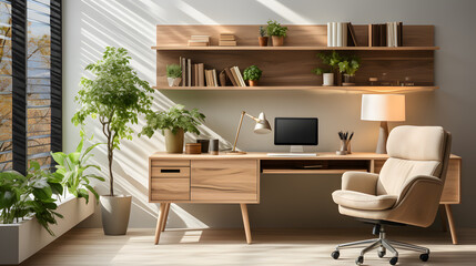 Modern home office with wooden desk and office chair against of white wall. Scandinavian interior design of modern living room with comfortable workplace