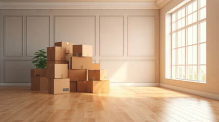 An empty room in a house with moving boxes,  indicating a recent move