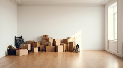 An empty room in a house with moving boxes,  indicating a recent move - obrazy, fototapety, plakaty