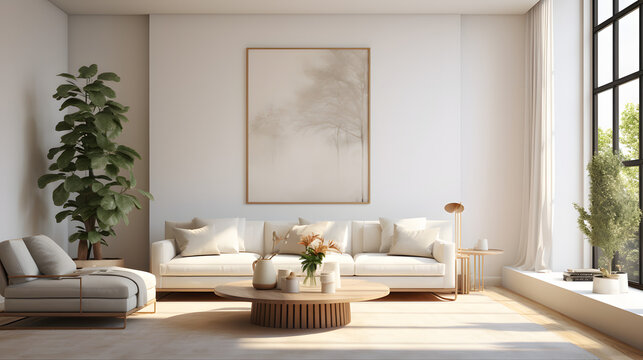 Modern interior design of cozy apartment, living room with white sofa, armchairs. Room with big window