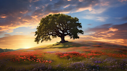 Summer landscape with old oak tree and blooming flower meadow.
