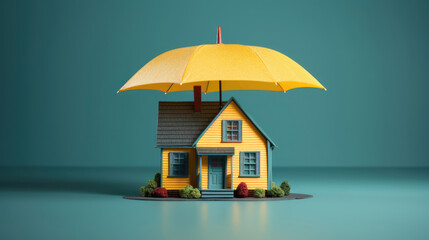 An illustration of a house surrounded by a protective umbrella,  symbolizing insurance coverage - obrazy, fototapety, plakaty