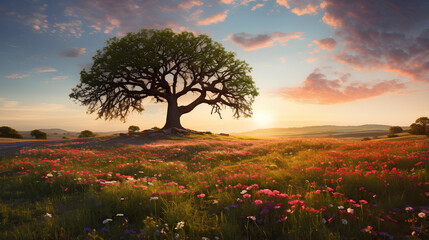 Summer landscape with old oak tree and blooming flower meadow.