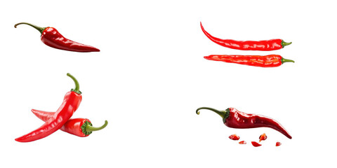 set of red hot chili peppers isolated on white or transparent background, png