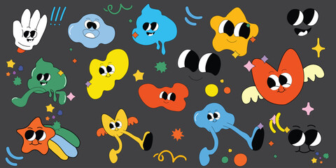 Set of 70s groovy comic vector. Collection of cartoon character faces with different emotions