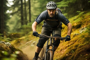 Extreme Adventure: Athletic Man Mountain Biking - obrazy, fototapety, plakaty