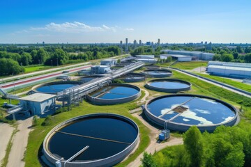 An expansive water treatment plant seen from above, showcasing its intricate infrastructure and the importance of clean water management - Powered by Adobe