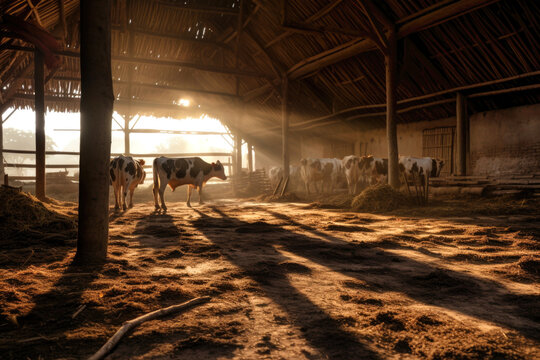 cowshed, several animals, cowshed illuminated by the morning sun, lots of clean hay, agriculture