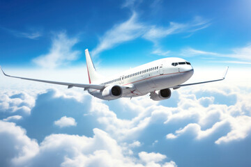 Naklejka na ściany i meble jet passenger plane flies over the clouds on a sunny day