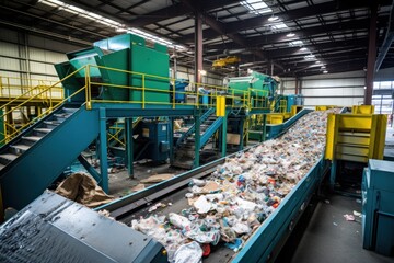 A conveyor belt filled with garbage in a factory, showcasing the waste recycling process