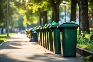 Separate green trash cans lined up along the side of a road - obrazy, fototapety, plakaty
