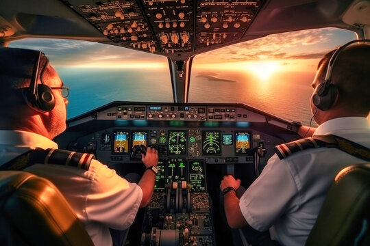 Two Pilots Piloting The Plane View From Inside The Cockpit, The Work Of The Crew To Control The Aircraft