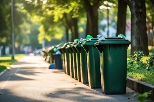 Separate green trash cans lined up along the side of a road