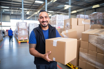 Photo of a man holding a box in a warehouse - obrazy, fototapety, plakaty