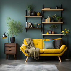 Nice green loveseat sofa with yellow pillows. Wooden bookcase near teal wall. Scandinavian interior design of modern stylish living room