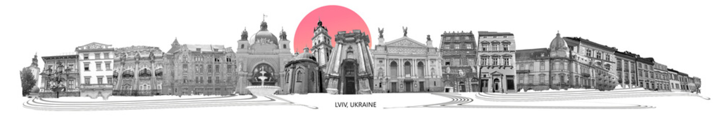 Ukraine, Lviv - city collage or art design with famous travel sights, skyline, buildings. - obrazy, fototapety, plakaty