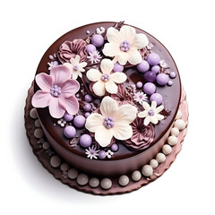 chocolate cake with decorated cream and purple, pink color icing, flowers on white background