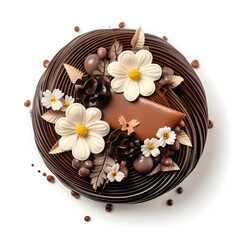 chocolate cake with flowers, cream color flower icing, purple flowers