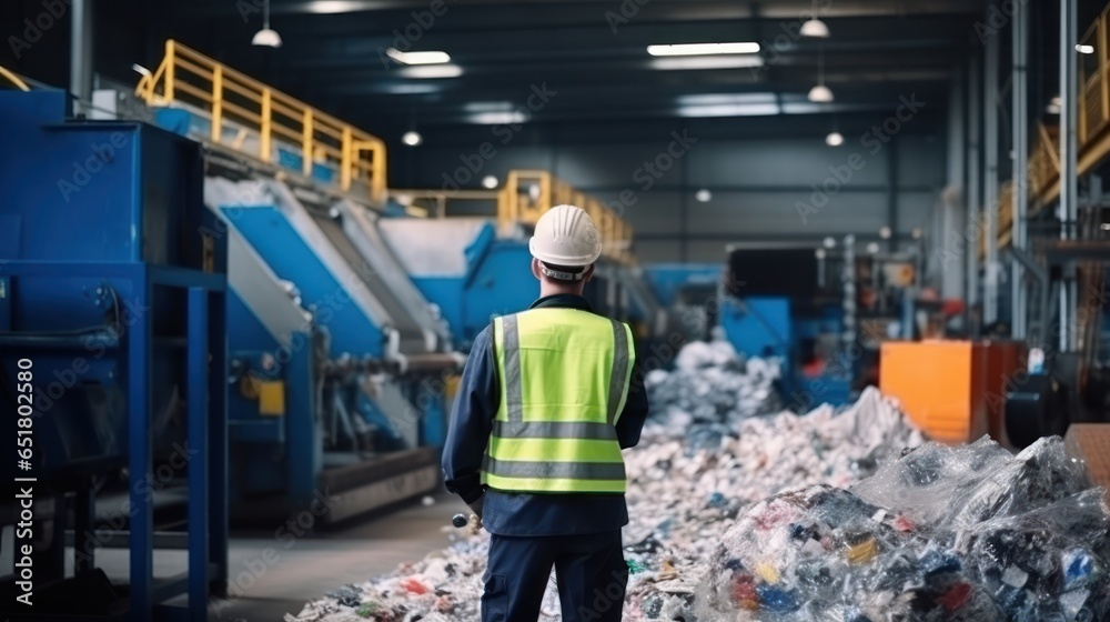 Wall mural Mechanical engineer inspects waste recycling system in factory.