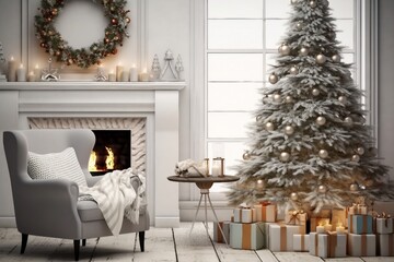 New year tree in scandinavian style interior with christmas decoration and fireplace. generative ai. - obrazy, fototapety, plakaty