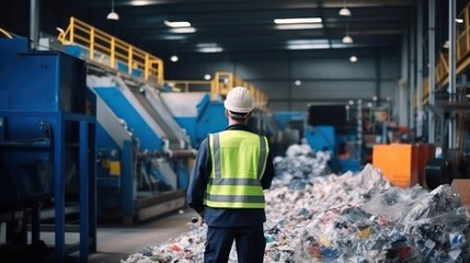 Mechanical engineer inspects waste recycling system in factory. - obrazy, fototapety, plakaty