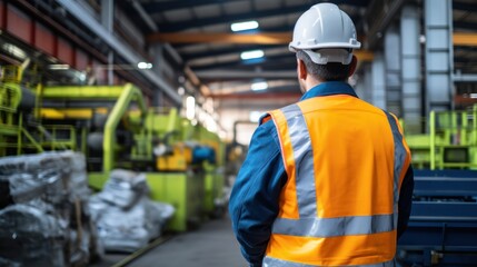 Mechanical engineer inspects waste recycling system in factory.